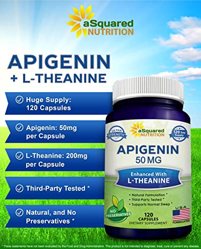 aSquared Nutrition Apigenin 50mg & L-Theanine 200mg - 120 Capsules - Apigenin Supplement Pills for Sleep and Relaxation - Natural Bioflavonoid Extract Found in Chamomile Tea - Image 3
