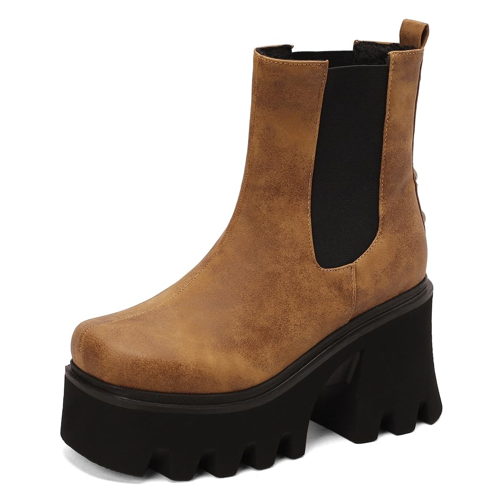 Womens Chunky Platform High Heel Ankle Boots Square Toe Pull On Elastic Whiter Dressy Short Booties