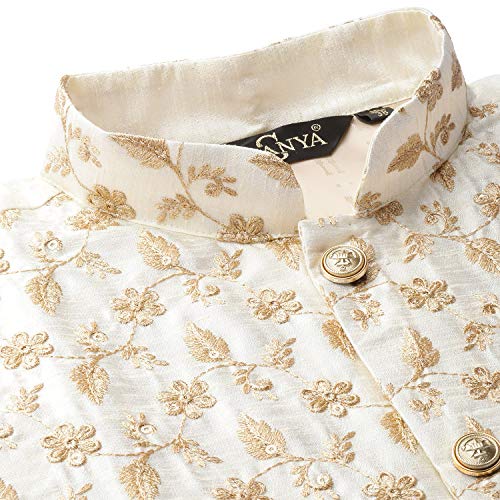 Image of SOJANYA (Since 1958 Men's Cotton Linen Maroon Kurta and White Pyjama with Mustard Cotton Nehru Jacket