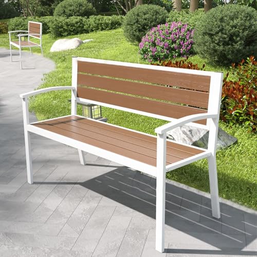 Banc de jardin en bois massif blanc structure robuste de parc - 7