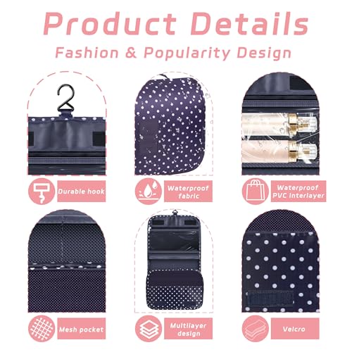 Image of Toiletry Bag Travel Bag with Hanging Hook for Women and Men,Navy Dot | Waterproof Small Capacity Hanging Multifunctional Makeup Bag for Toiletries, Portable Cosmetic Bag Travel Organizer