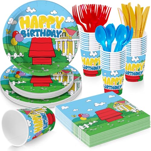 Cartoon Dog Party Supplies for kids Cartoon Themed Birthday Party, Peanuts Party Decorations Disposable Tableware Set With Plates, Cups, Napkins & Cutlery for 24 Guests