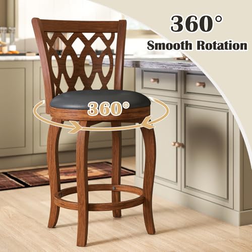 Image of 24 inch Counter Height Swivel Bar Stools Set of 2 for Kitchen Island, Farmhouse Barstool Chair with Back and Footrest, Upholstered Wood Barstools, Brown