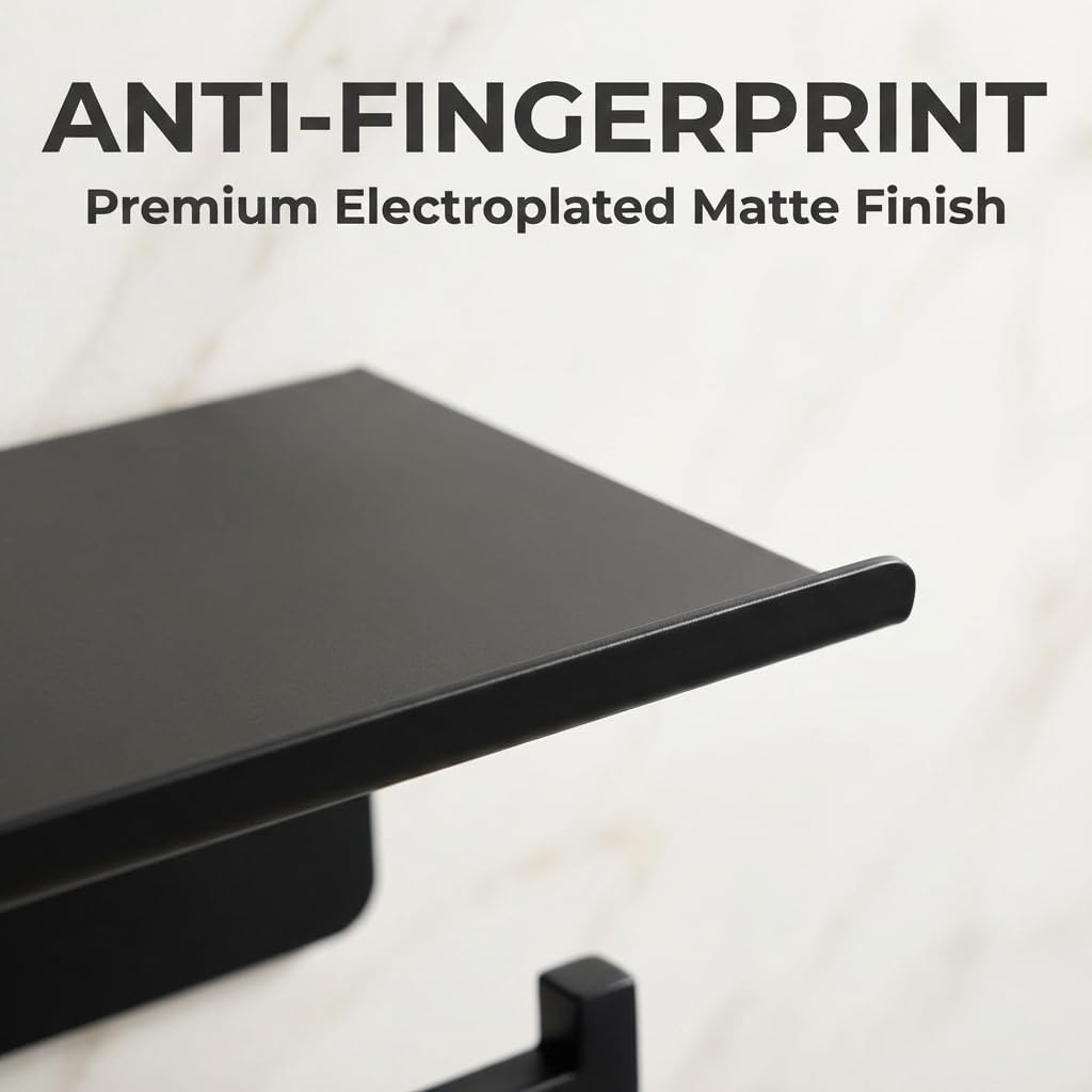 Toilet Paper Holder with Phone Shelf, The Midnight Series - Matte Black Wall Mount Dispenser with Large Storage, Industrial Grade SUS304 Stainless Steel Bathroom Hardware, Rust Proof (Matte Black)