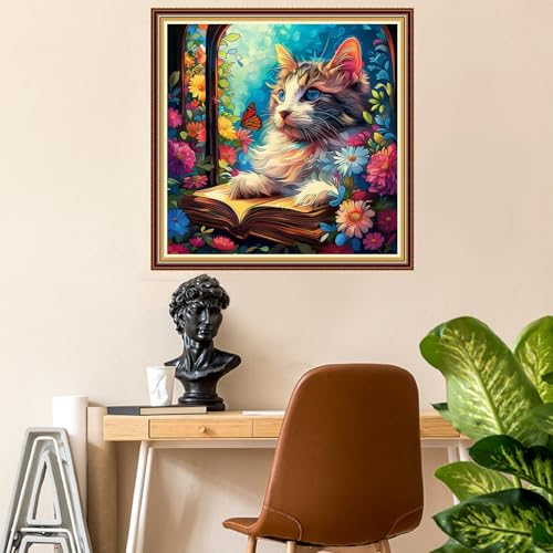 Image of Fanxvivy Stamped Counted Cross Stitch Kits for Adults Printed Cross-Stitch Patterns 11CT Stamped or Counted Cross Stitching Embroidery Kit Needlepoint Kits-Cat Reading 18x18 inch
