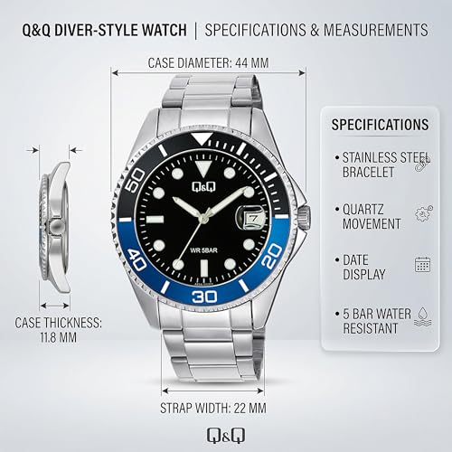 Image of Q&Q Men's Analog Stainless Steel Watch | Black Dial with Date Window | Non-Rotating batgirl Bezel | Silver Stainless Steel Strap | 50M Water Resistant | Stylish Casual & Formal Wrist Watch for Men - A49A-002PY