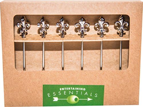 Cork Pops Stainless Steel Cocktail Picks With Fleur De Lis Motif (Set of 6), Silver, 6x.75x4.75