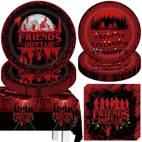 41 Stranger Birthday Party Decorations Include 20 Paper Plates of 2 Size, 20 Napkins,1 42.5x70.8inch Waterproof Plastic Tablecloth Red and Black Birthday Tableware Set