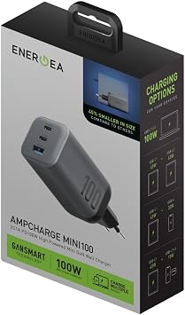 Energea AmpCharge Mini 100 2 Adet 100W Type-C ve 1 Adet 30W USB Çıkışlı PD PPS QC 3.0 GaN Hızlı Şarj Aleti - Siyah