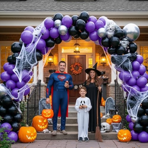 Image of Black and Purple Balloons - 132pcs 18'' 12'' and 5'' Purple Black Balloon Arch Kit with Metallic Silver Balloons for Birthday Party Halloween Graduations Corporate Event and Gaming Night