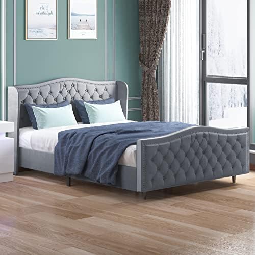 BALUS Queen Wingback Bed Frame with Headboard,Upholstered Platform Bed Frame Dutch Velvet Upholstered Bed，Modern Design，Available in 3 Sizes and 3 Colors Panel Bed Frame (Silver Gray)