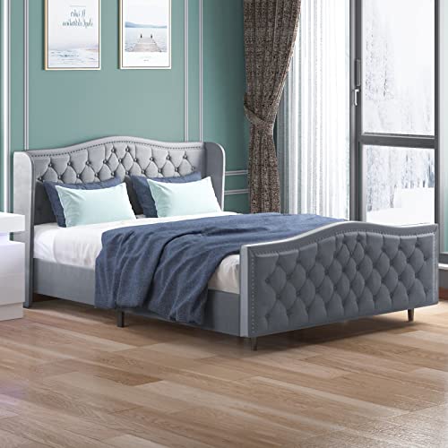Balus Queen Wingback Bed Frame With Headboard,Upholstered Platform Bed Frame Dutch Velvet Upholstered Bed，Modern Design，Available In 3 Sizes And 3 Colors Panel Bed Frame (Silver Gray) #TOP3