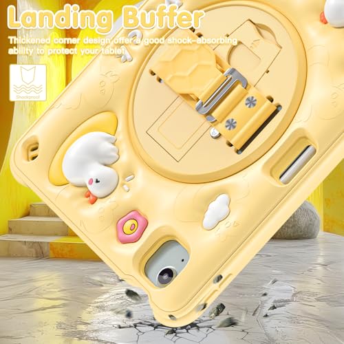 Image of ProElite Cover for iPad Air 11 M4 /M3 /M2 2026 /2025 /2024 / Pro 11 4th /3rd Gen /Air 5 /4 Gen 10.9 inch Case, Tough Bubble Kids Case with Pencil Holder with Rotating Kickstand & Shoulder Strap, Yellow