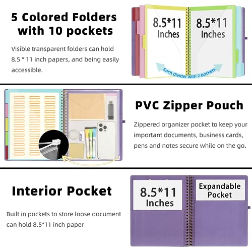 Ospelelf Foldable Spiral Clipboard Folio with Storage Zipper Pouch, 5 Plastic Folders with 10 Pockets,Refillable Lined Notepad (11" x 8.5"), Hardcover Project Organizer with 39 Stickers (Purple)