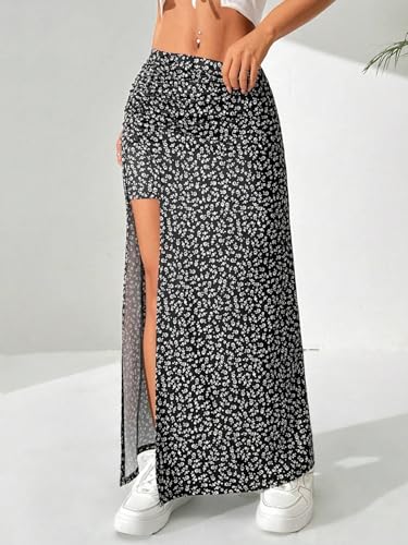 EARKOHA 2025 Skirts for Women Women's Ditsy Floral Full-Print Slit Skirt, Casual Holiday Wear Black and White XS3