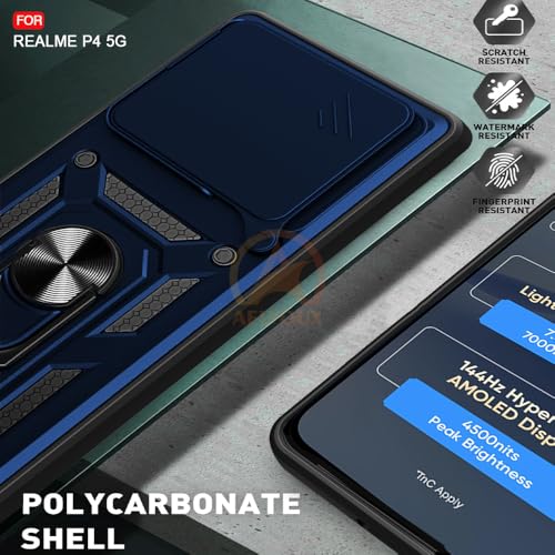 Image of Armor Bumper Back Cover Case for Realme P4 5G Rotating Camera Cover, Ring Holder & Kickstand | Heavy Duty & 360 Degree Protection Realme P4 5G Back Cover (Blue)