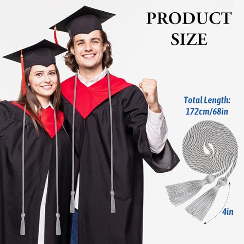 Image of ONUPGO Graduation Honor Cord, 68 inch Silver Graduation Cords Rayon Braided Tassel Cord, Polyester Yarn Long Robe Honor Rope for Graduation Students, Bachelor Gown