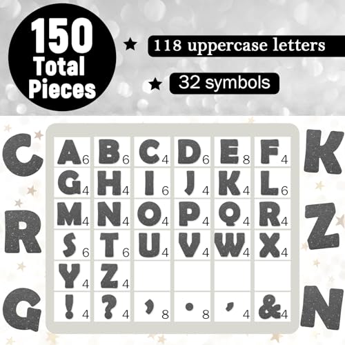 Image of Qyeahkj 150 PCS Large 6 inch Font Letters and Punctuation Set Glitter Gray Classroom Alphabet Cutout for Bulletin Board Display Home School A Great Helper to Inspire Students' Learning Interest