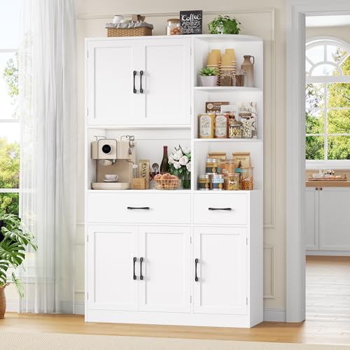 HOCSOK Kitchen Cupboard, 177cm Tall Kitchen Cabinets with Countertop, Pantry Cupboard with 3-tier Open Shelves, 5 Doors, 2 Drawers, Freestanding Pantry for Dining Room Living Room, White - Image 7