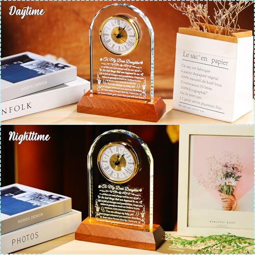 Image of Arikyrist Daughter Gifts from Mom Dad with Wooden Light Base, Birthday Graduation Gifts for Adult Daughter Crystal Clock Keepsake to My Daughters on Christmas Valentines Graduation Table Decor