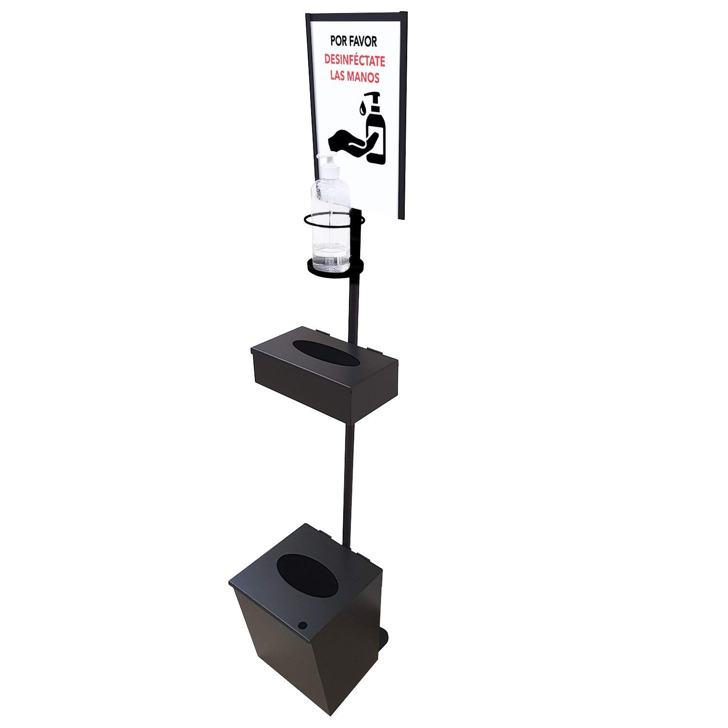 Dispensador de Pie para Gel Hidroalcohólico Desinfectante de Manos para Comercios y Oficinas, con Cartelera A4, Caja Cerrada para Caja Guantes y Papelera con Tapa. Fabricado en España
