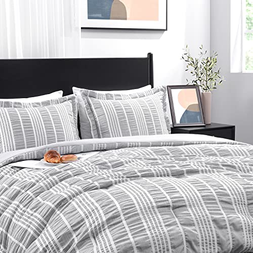 Downluxe King Size Comforter Set (104"X92")- 3-Piece - Grey & White- Seersucker Comforter - 2  Pillow Shams 20"X36", Microfiber King Comforter #TOP4