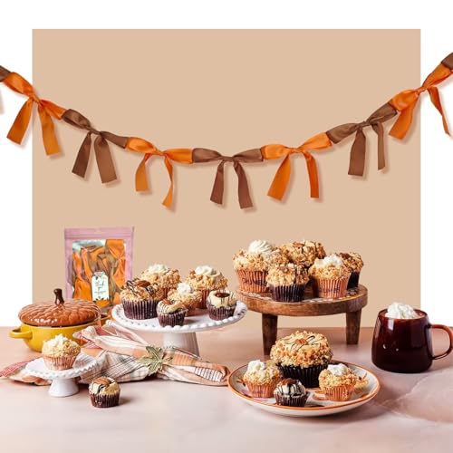 Image of Fall Bow Knot Garland | 6ft Linking Satin Bow Banner with 3ft Extend Ribbon for Thanksgiving Party, Autumn Banners Signs, Brown Bed Decor (Orange & Brown, 6ft)