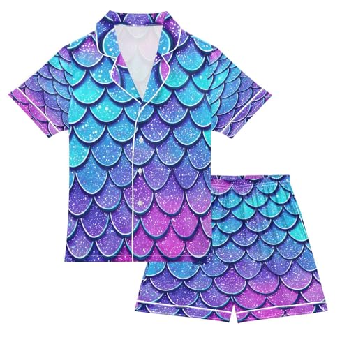 ALAZA Blue Color Dragon Scale Satin Pajamas Set Short Sleeve Button Down Sleepwear Summer Pjs 2 Piece