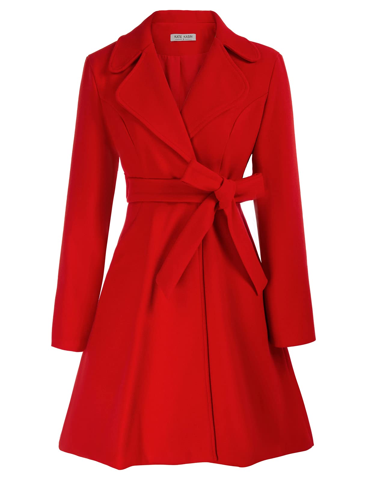Kate Kasin Abrigo de mujer con cinturón de mezcla de lana para mujer, Rojo, Large