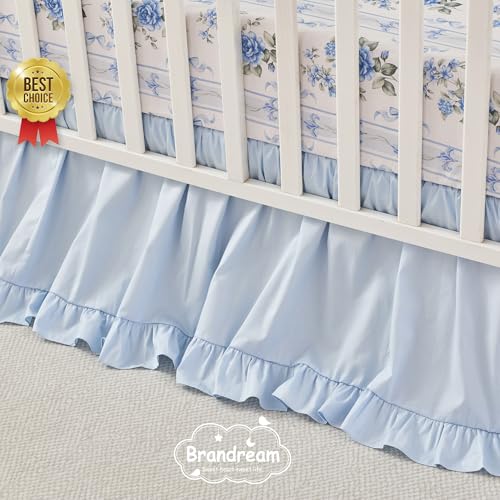 Image of Brandream Organic Cotton Crib Fitted Sheets for Baby Girls, Cottagecore Fitted Crib Sheet for Standard Crib and Toddler Mattress Super Soft Baby Sheet French Country Coquette Blue Floral Stripe Print