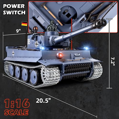 Image of Supdex 1 /16 RC Tank, Heng Long Metal Tiger I Army Toy with Smoke, Sound and Lights, Remote Control Tank that Shoots with Upgraded Metal Tracks, Idler and Sprocket Wheel, Steel Gearbox, Batteries*2