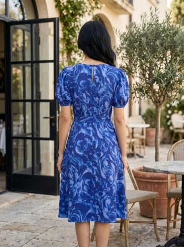 Image of HELLCAT Women Floral Fit & Flare Midi Dress | Round Neck, Puff Short Sleeve, Waist Tie-Up Belt | Casual Brunch Wear, Western One Piece, A-Line Long Frock, Summer Party Outfit
