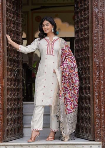 Image of Women's Cotton Embroidered Straight Kurti With Pant and Dupatta Set