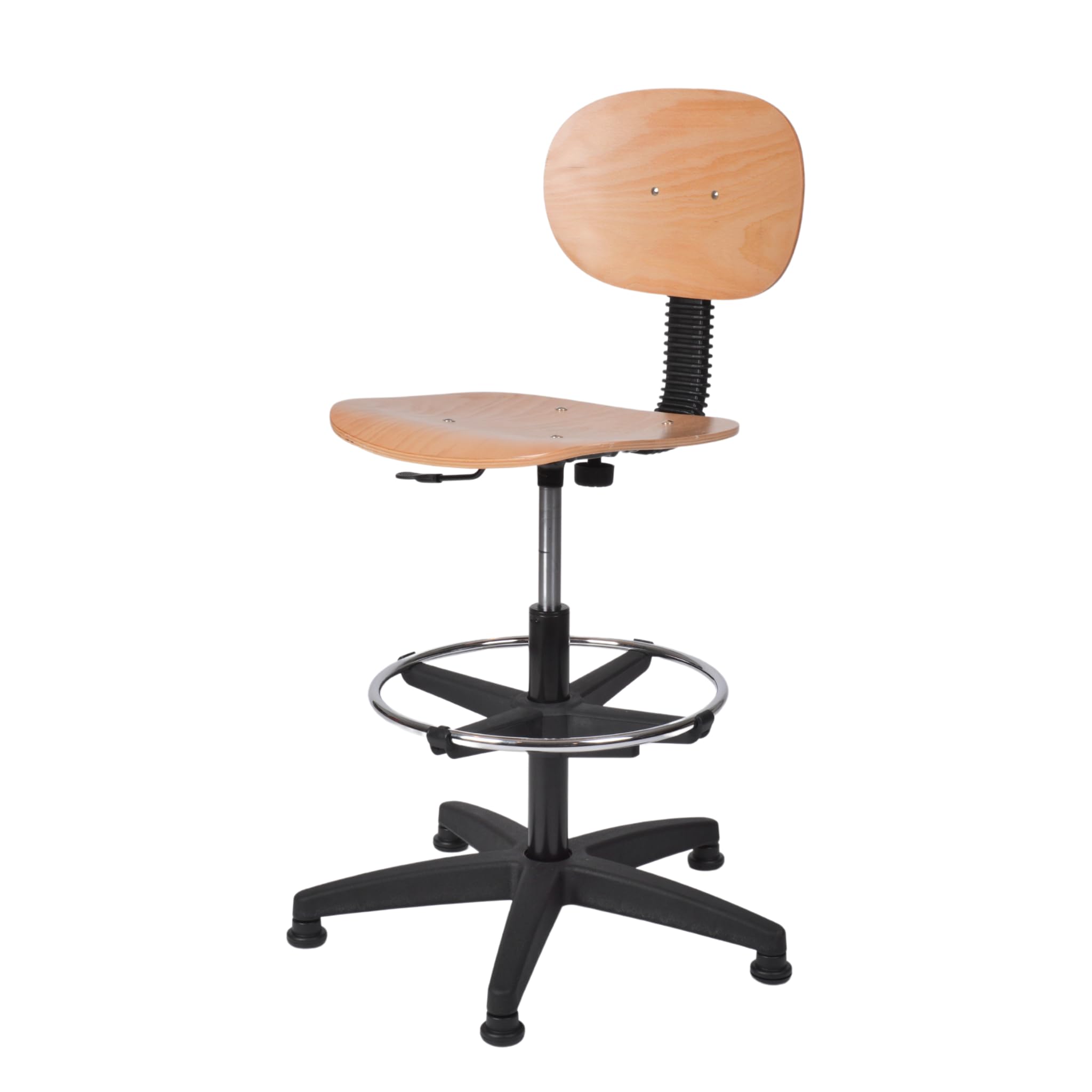 Topsit Sedia da lavoro IND114 in legno di faggio laccato chiaro, sedia da laboratorio, regolazione continua dell'altezza del sedile con Toplift, anello per piedi cromato, croce in plastica con piedini