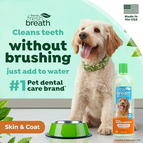 TropiClean Fresh Breath Water Additive for Dogs with Collagen, Skin Health Support for Dogs, Breath Freshener and Teeth Cleaning Solution, 33.8oz. by TropiClean - Used condition - US$20.38
