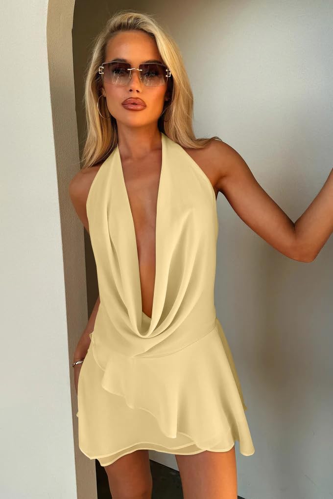 GOKATOSAU Women's Sexy Halter Plunge V Cowl Neck Low Open Back Irregular Ruffle Hem Mini Dress - Image 4