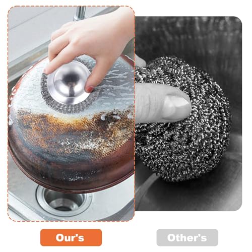 Image of 2 Pcs Stainless Steel Wool Scrubbers with Handle and 2 Pcs Replacement Metal Wool Pads, Steel Pot Dishes Scrubber for Scouring Stubborn Messes from Cast Iron, Pots, Pans, Grill, Stoves, Sink, Dishes