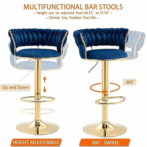 Image of Dream Furnishing - Set of 2 Bar /Kitchen Chairs 360 Degree Rotatable Swivel Elegant Classy & Comfortable Chair with Golden Base and Velvet Fabric (2 Chairs) (Blue)