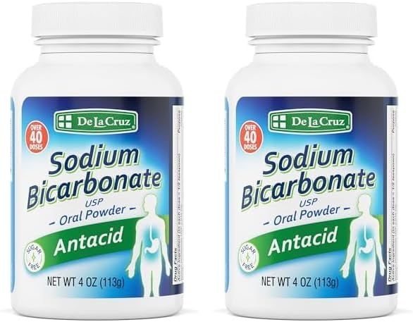 De La Cruz Pure Sodium Bicarbonate - USP Grade Bicarbonate of Soda – 100% Pure Baking Soda – Aluminum Free Antacid Powder for Heartburn & Indigestion - Packed in USA, 4 OZ. (Pack of 2)