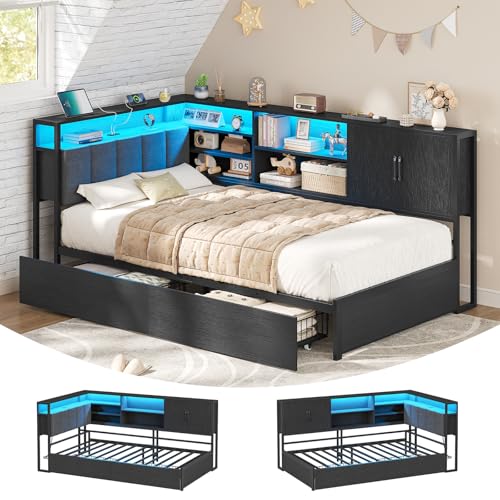 KIMENICH Polsterbett Schlafsofa 90x200 mit LED-Beleuchtung, Ladestation, Tagesbett, Jugendbett mit 2 Schubladen und Lattenrost aus Metall, Kopfteil...