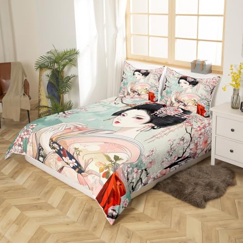 Homemissing Kids Japanese Geisha Girl Bedding Set Double Size Boys Girls Cherry Blossoms Comforter Cover Set Japanese Style Duvet Cover Japanese Tradition Aesthetic Bedspread Cover (No Comforter) - Image 3
