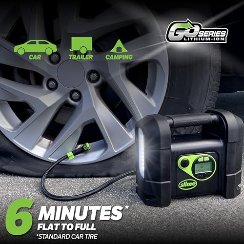 Image of Slime 40080 Cordless Tire Inflator, Rugged Portable Air Compressor Pump with Auto Shut Off, Lithium Ion Battery and LED Light, Rechargeable