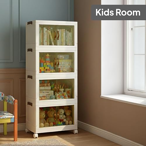 Image of CELLO Foldable Plastic Cabinet | 4 Tier Cabinet | Multipurpose Storage Organizer for Clothes, Toys & Household Items | Racks for Home & Kitchen | Space-Saving Design | Beige & Brown