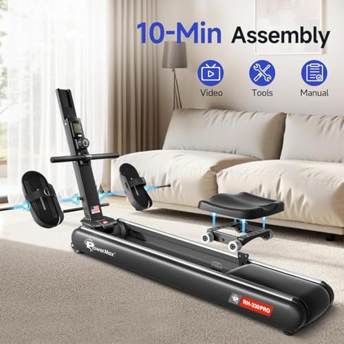 Image of PowerMax Fitness RH-330PRO Premium Rowing Machine for Home Use | 130KG Max User | 16-Level Magnetic Resistance | Foldable Cardio Rower, Bluetooth for Fitshow app, Aluminium Rail for Full Body Workout
