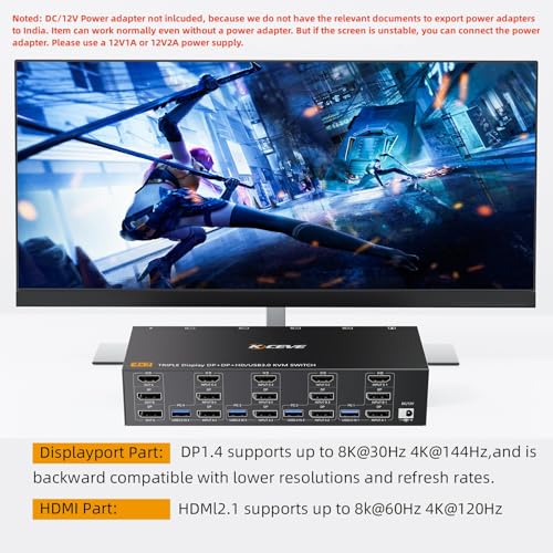 Image of KVM Switch 3 Monitors 4 Computers HDMI + DisplayPort, 8K@30Hz /4k@144Hz KVM Switcher for 4 Computer Share 3 Display and 4 USB 3.0 Devices