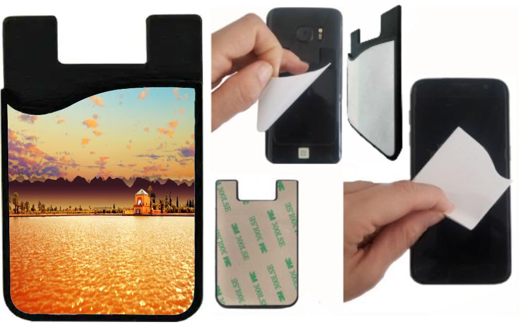 Island Gifting Neoprene Stick-on ID Card Holder for iPhone/Galaxy/Google Android Cases Featuring Image of Morrocco Landmark - Scenical Menara Garden (2), Morocco