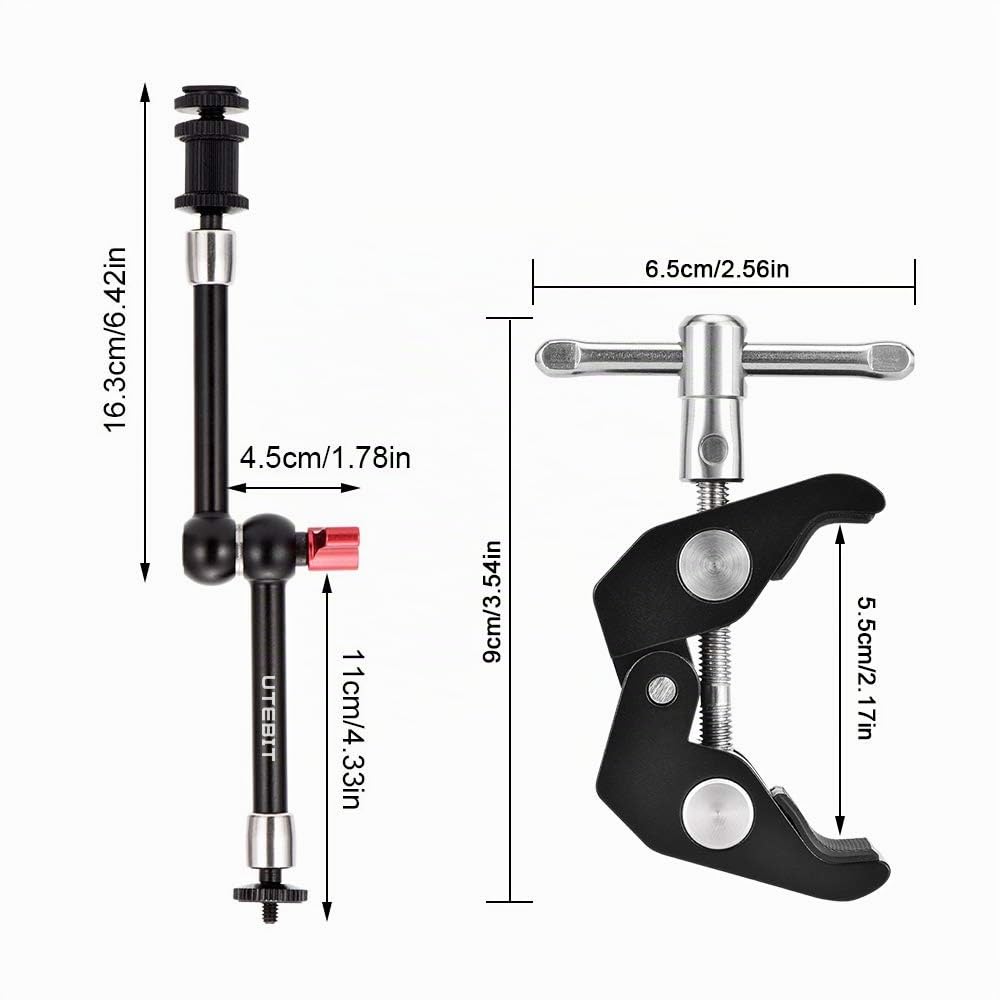 UTEBIT Brazo mágico Brazo articulado de 11 Pulgadas Brazo de cámara con súper Abrazadera 1/4 Zapata Carga máxima 1.5 kg para cámara DSLR, Monitor de Campo LCD, luz de Flash