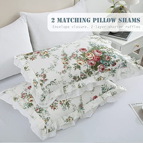 Zjzc Art 100% Cotton Duvet Cover Set, Shabby Rose Printed Ruffled Duvet Cover ，Breathable, Durable, Soft And Comfortable，Easy Care，Bedding Duvet Cover Set(Retro, King) #TOP6