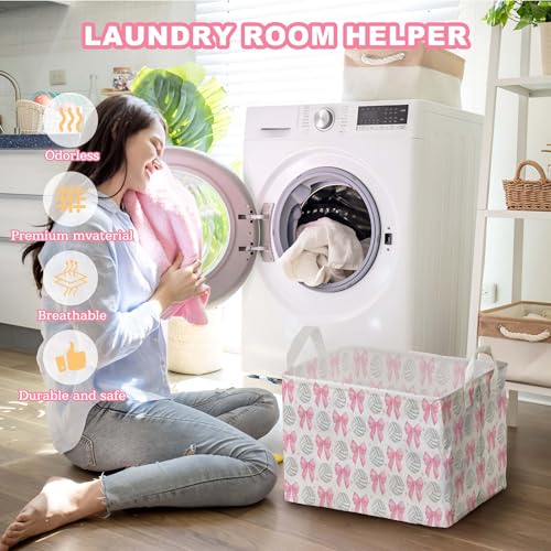 Image of Pink Bows Volleyballs Storage Baskets for Pink Nursery Decoration Bin, Foldable Storage Box Organizer for Clothes Toys Nursery, Large Canvas Laundry Hamper for Bathroom Bedroom Living Room