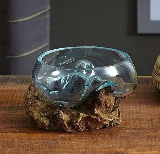 HDC Hand-Blown Molten Glass & Teak Wood Terrarium Vase – Premium 12 cm Glass Bowl on Teak Base, Multi-Purpose Planter/Fish Bowl/Decorative Root Vessel-image-31